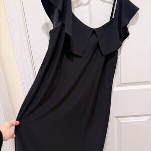 Frank Lyman Black Ruffle Neck Dress w/ Rhinestone Straps